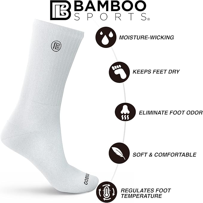 Bamboo Sports Premium Bamboo Crew Work Socks- Moisture Wicking, Odor Eliminating