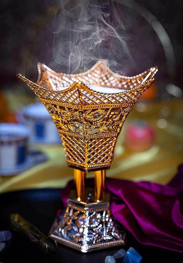 AM Bakhoor Charcoal Incense Burner – Luxury Gold Frankincense Resin Burner for Oud, Bakhoor, Incense Sticks & Cones – Decorative Metal Holder with Removable Lid & Safe Flame Control (Gold)