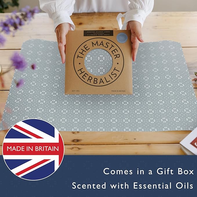 Fragrant Scented Drawer Liners in a Geometric Print (Folded) | Natural | Pack of 5 Sheets | Contains Essential Oils | Made in The UK (Dusk Blue | Fresh Linen, Folded)