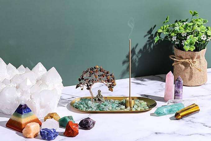Jovivi Crystal Incense Holder for Sticks, Tiger Eye Healing Crystal Stone Money Tree Buddha Statue Set Incense Burner, Incense Trays for Wealth, Good Luck,Yoga Meditation Home Decor