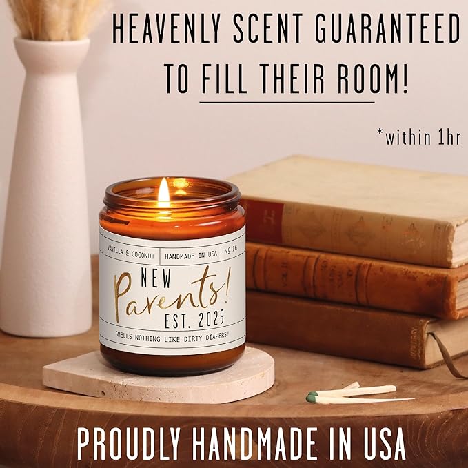 New Parents Gifts for Couples - 'New Parents Est 2025' Candle, w/Coconut, Vanilla I Mom and Dad Gifts for New Parents After Birth I First Time Parents Gift I Expecting Parents I 50 Hr Burn, USA Made