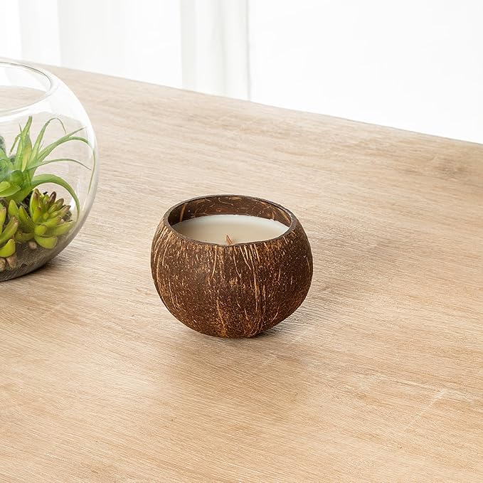 Restaurantware-Coco Casa 3.9 x 2.8 Inch Coconut Shell Candles, 10 Hand Poured Coconut Bowl Candles - Spring Hydrangea Fragrance, Double Wax Blend, Soy Wax Scented Candle, Wooden Wick