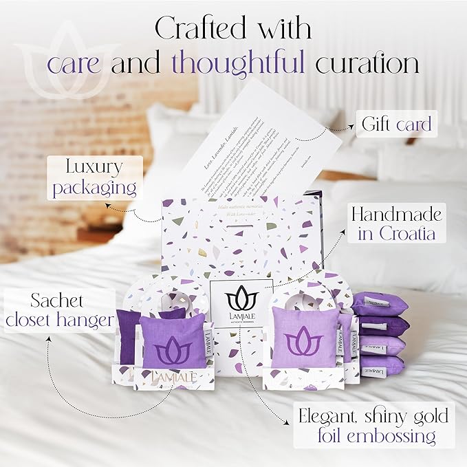 Lamiale Croatian Lavender 10 Scented Sachets for Drawers and Closets – Handmade Sachets, Natural Air Freshener, Moth Repellent, Ideal Gift for Her, Valentine's Day, Housewarming, Mother's Day.