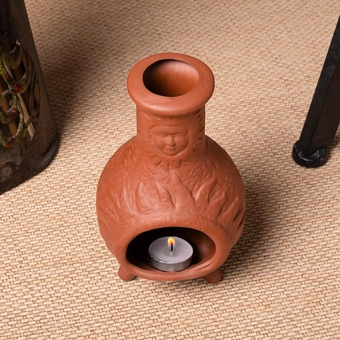 Handcrafted Terracotta Palo Santo Holder with Sun Face Design - Mini Chiminea Incense Burner for Sage & Copal - Thoughtful Gifts for Meditation, Yoga, Aromatherapy