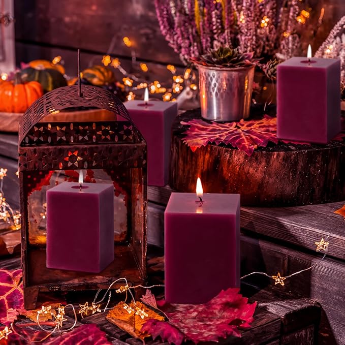KONNI Square Purple Pillar Candles Set of 3, 2.8"x 4" Unscented Pillar Candles Bulk, 30 Hours Long Burning Candles, Smokeless and Dripless Large Candle for Wedding, Home Decoration, Parties, Spas