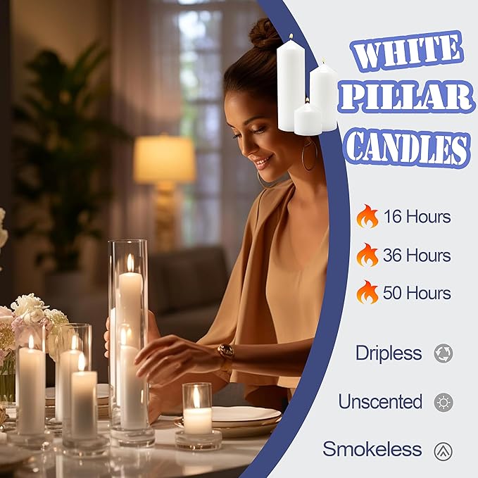 36 Pcs White Pillar Candles Bulk Set，Hurricane Candles，3 Different Lengths (12 Each)，Dripless Unscented Smokeless，Gives You a Better Atmosphere When Organizing an Event Party.