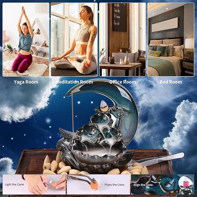 New Moon Backflow Incense Holder, Ceramic Hand-Made Incense Fountain Burner with 100 Backflow Incense Cones，Fragrance Incense Stick，Mat，Aromatherapy Home Decoration