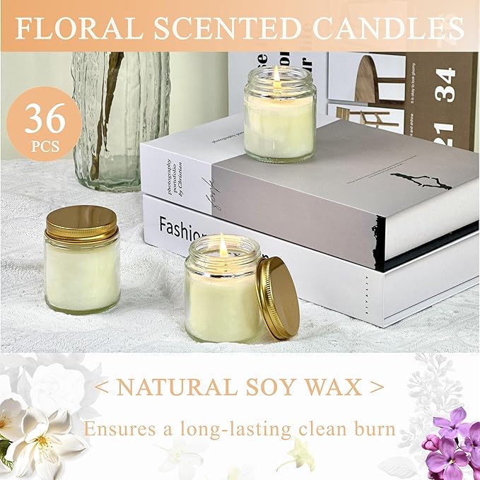 ACITHGL 36 Pcs 4oz Mini Mason Jar Candles Small Scented Candles Bulk Aromatherapy Ideal Souvenir Favors for Wedding Birthday Party (Vanilla, Lilac, Gardenia, Gold)