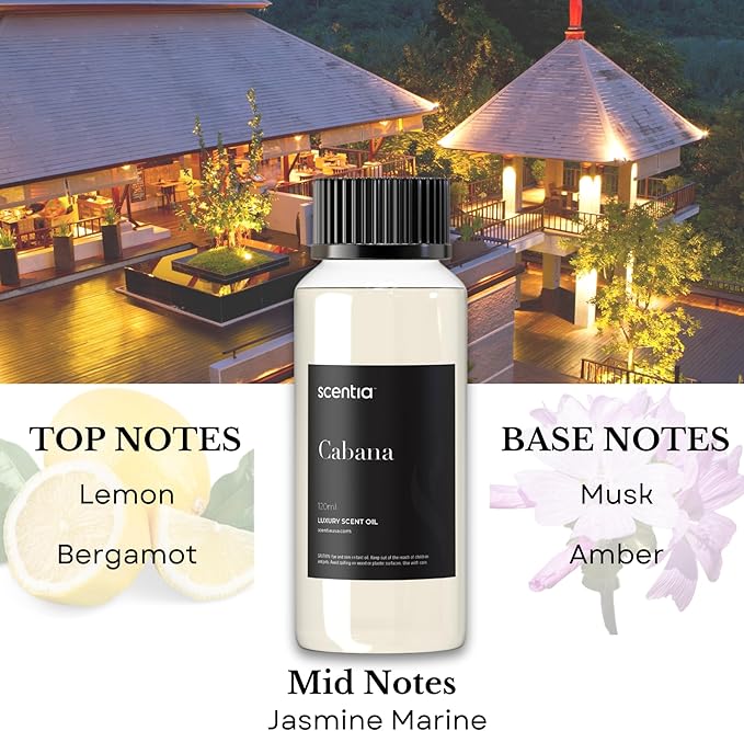 Hotel Diffuser Oil Inspired by 5-Star Hotel Scent - 120 mL 4.06 fl oz - Essential Oil Blend Botanical Jasmine, Bergamot & Fresh Marine Notes for Aromatherapy Diffusers - Cabana