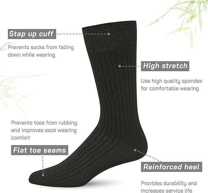 SERISIMPLE Men's Dress Socks - Bamboo Viscose Thin Ribbed Knit, Silky & Soft, Lightweight Business Crew Socks 5 Pairs