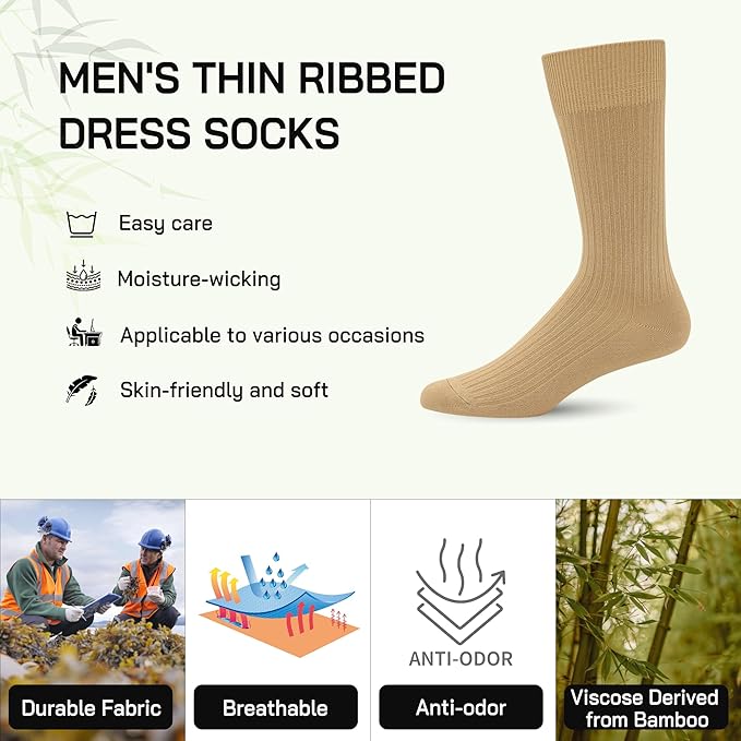SERISIMPLE Men's Dress Socks - Bamboo Viscose Thin Ribbed Knit, Silky & Soft, Lightweight Business Crew Socks 5 Pairs