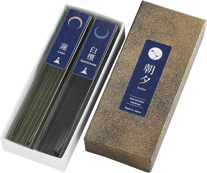 Asayu Japan Low Smoke Incense Sticks Yoga Set - 2 Scents: Lotus & Sandalwood, 40g Japanese Incense for Morning Energy & Evening Relaxation - Smokeless, Less Irritation