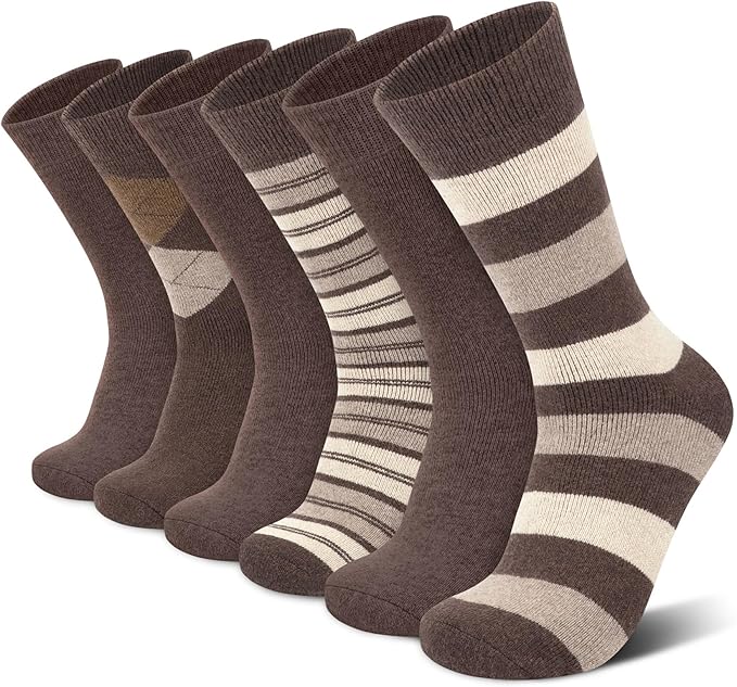 6 Pairs Merino Wool Socks for Men Thick Warm Thermal Winter Striped Dress Hiking Crew Men Socks Size 9-14