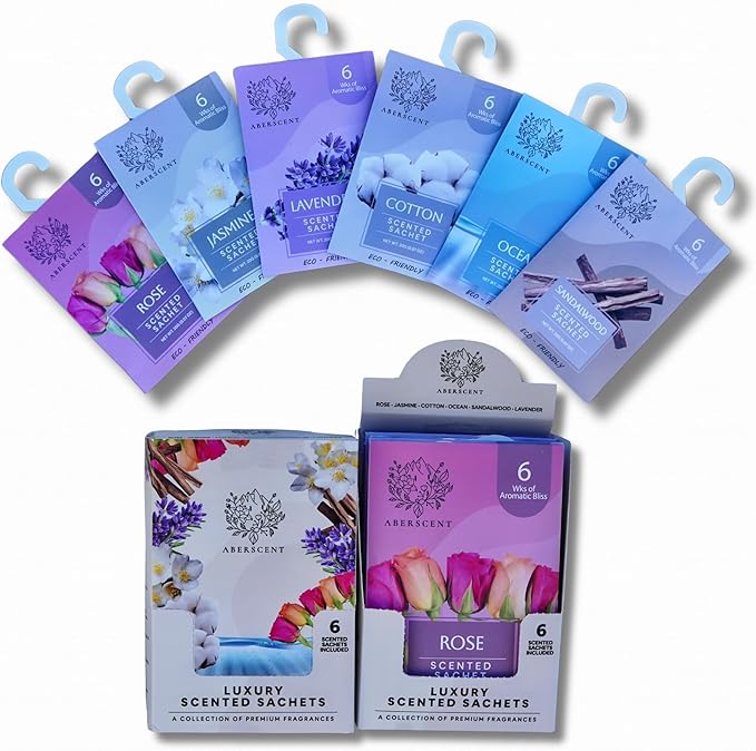 Scented Sachets for Drawer, Closet, Laundry Room, Bathroom - Premium 6 Packs - Air Freshener Odor Eliminator, Potpourri Bags Home Fragrance - (Lavender Rose Cotton Sandalwood Jasmine Ocean)