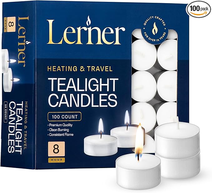 Lerner Tealight Candles, 100 Count| 8 Hours Long-Burning White Tea Light Candles| Non-Toxic, Smokeless & Soot-Free Tea Light Warmer Candles | Unscented Party, Décor, Shabbat Tea Candles