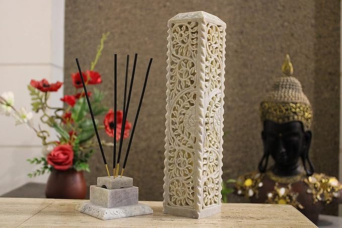 Carry Me Handmade Marble Soapstone Incense Stick Burner | Candle Stick Holder | Tea Light Burner - Perfect Floral Carving for Gifting. Decorative Home and Kitchen Decor (3 x 3 x 11 Inches)