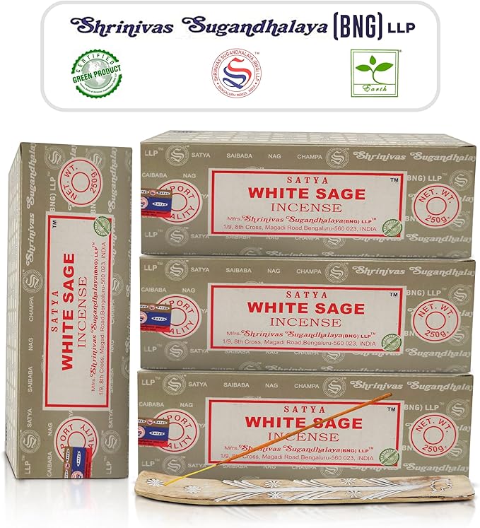Satya White Sage Incense Sticks 250 gmx 4 Pack (1000 gm), Satya BNG (Bangalore) Insenses with Raajsee Incense Holder Bundle, Satya Nagchampa Natural Incense
