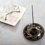 NOVICA Artisan Handmade Ceramic Incense Holder Wavy Patterned Round Green Peru 'Ancestral Waves'