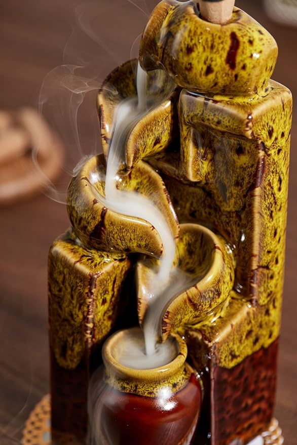 Unique Cascading Basins Ceramic Waterfall Incense Holder, Paired with a Pack of Backflow Incense Cones. (Fambe Yellow)