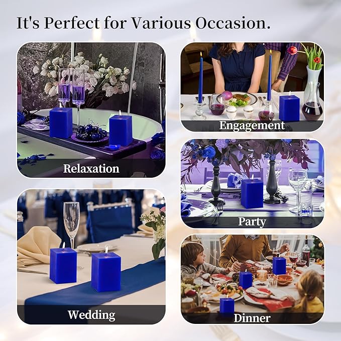 KONNI Square Classic Blue Pillar Candles Set of 3, 2.8"x 4" Unscented Pillar Candles Bulk, 30 Hours Long Burning Candles, Smokeless Dripless Large Candle for Wedding, Home Decoration, Parties, Spas