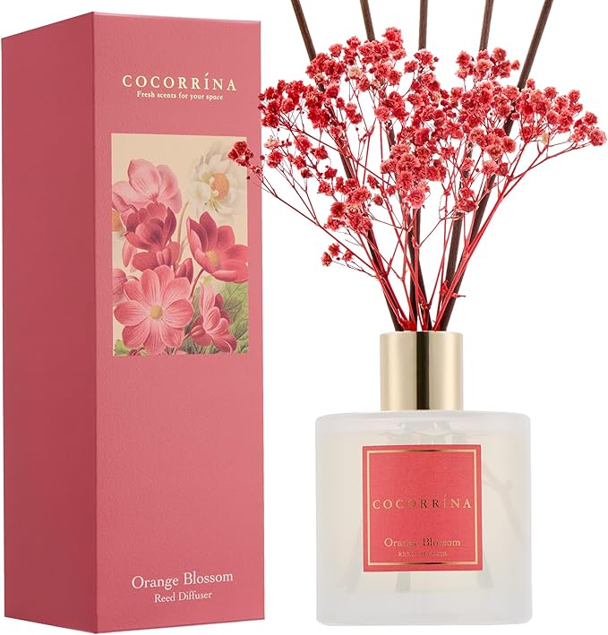 COCORRÍNA Reed Diffuser - Orange Blossom 6.76 Fl.oz Reed Diffuser Sets with Preserved Flowers, Diffuser with 8 Sticks for Bathroom Shelf Decor