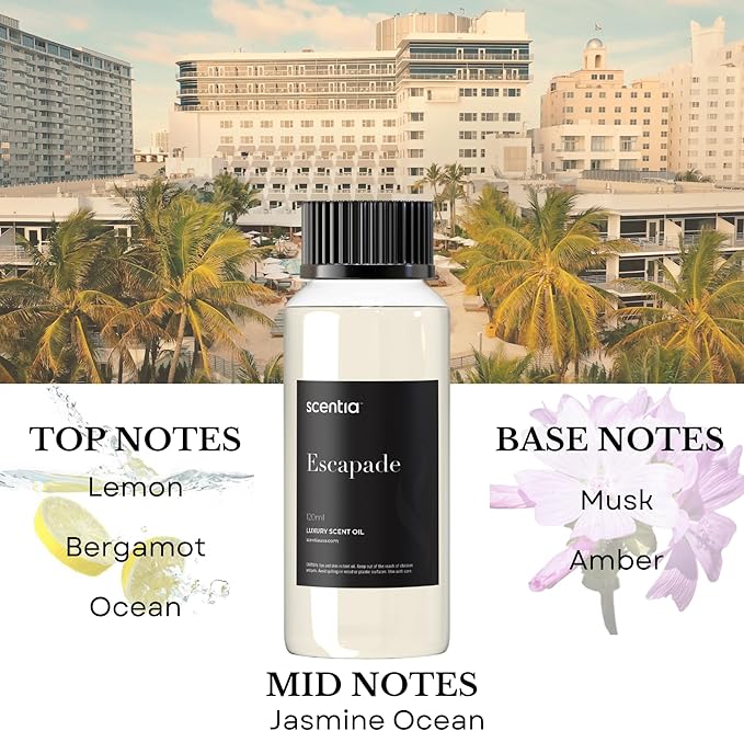 Hotel Diffuser Oil Inspired by 5-Star Hotel Scent - 120 mL 4.06 fl oz - Essential Oil Blend Botanical Jasmine, Bergamot & Fresh Marine Notes for Aromatherapy Diffusers - Escapade