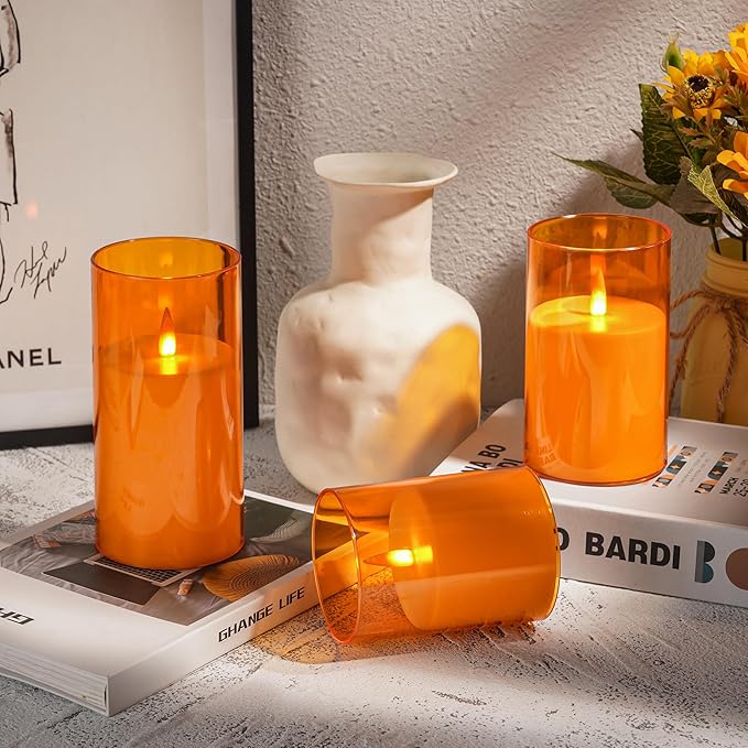 Flameless Candles, LED Candles with Remote Control and Timer, New Real Flickering 3D Wick Battery-Powered Acrylic Column Candles for Romantic Ambiences and Home Décor, Set of 3 (Orange)