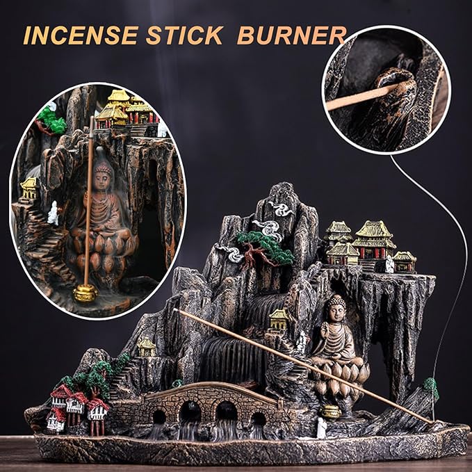 Mountain Waterfall Incense Burner，Backfall Incense Holder River, Incense Falls Meditation Decor for Room with Upgrade Incense Cones and Accessories (Buddha)