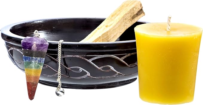 Chakra Energy Balance Kit - Spiritual Cleansing Incense Kit with Chakra Stones Crystal Pendulum, Palo Santo Smudge Stick, Beeswax Candle Votive, and Scrying Bowl