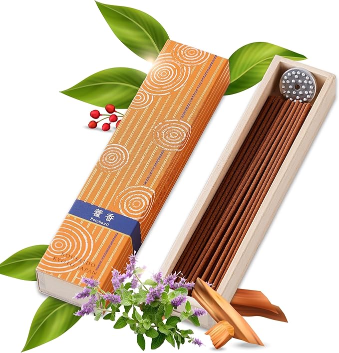 Hasegawa Hyakurakuko Premium Japanese Sandalwood Incense - Long Type, 40 Sticks with Aluminum Holder, 20-30 Min Burn Time, Made in Japan 線香 百楽香 (Patchouli)