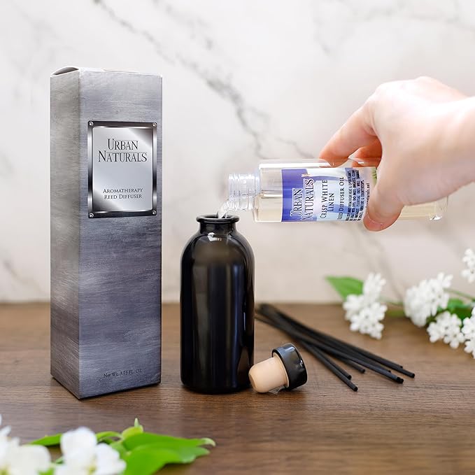 Urban Naturals Reed Diffuser Oil Refill Lavender Sandalwood with Golden Amber, Exotic Woods, Patchouli 8 oz + Free Reed Sticks, Made in The USA