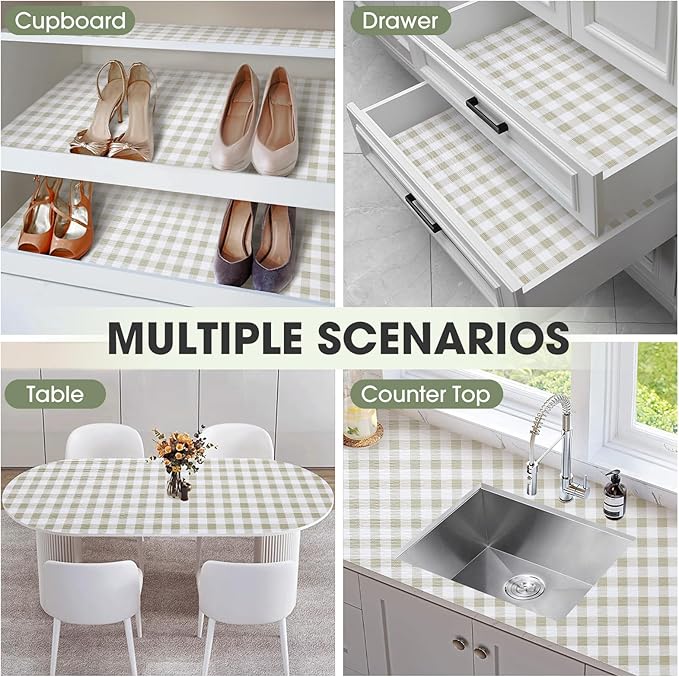 Drawer and Shelf Liner, Non-Slip Kitchen Cabinet Liners Non-Adhesive Thick Strong Grip Waterproof Washable Mats Protect Dresser Shelves Cupboard Bathroom Cabinets, Green Plaid, 24 in X 20 FT
