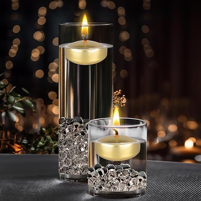 Mega Candles 4 pcs Unscented Gold Floating Candles, Hand Poured Wax Candle 2 Inch Diameter, Home Décor, Wedding Receptions, Centerpieces, Occasions, Events, Festivities, Meditations, Spas