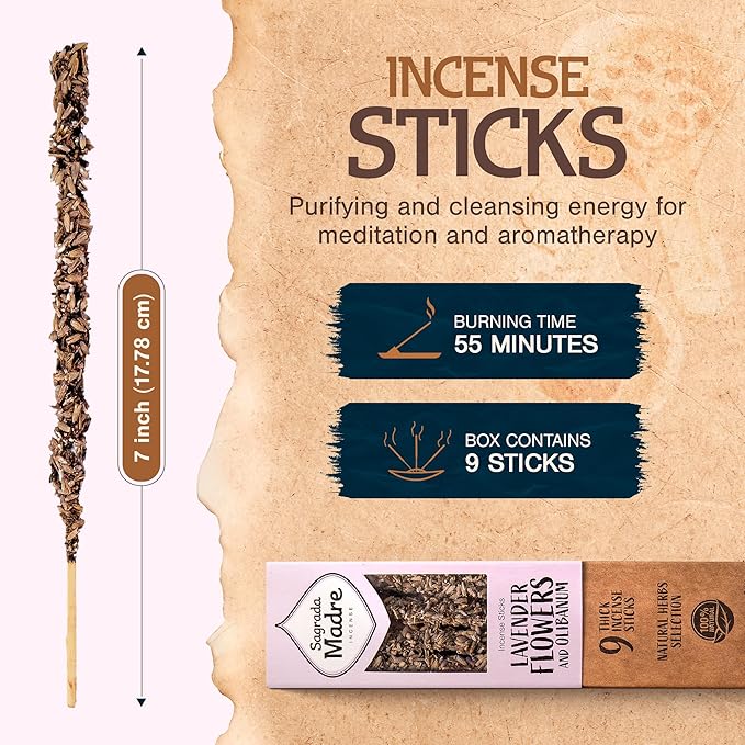 9 pcs Wildly Harvested - Lavender Flowers and Olibanum Incense Sticks, 7" Long - Thick Aromatic Incense Sticks, 100% Natural