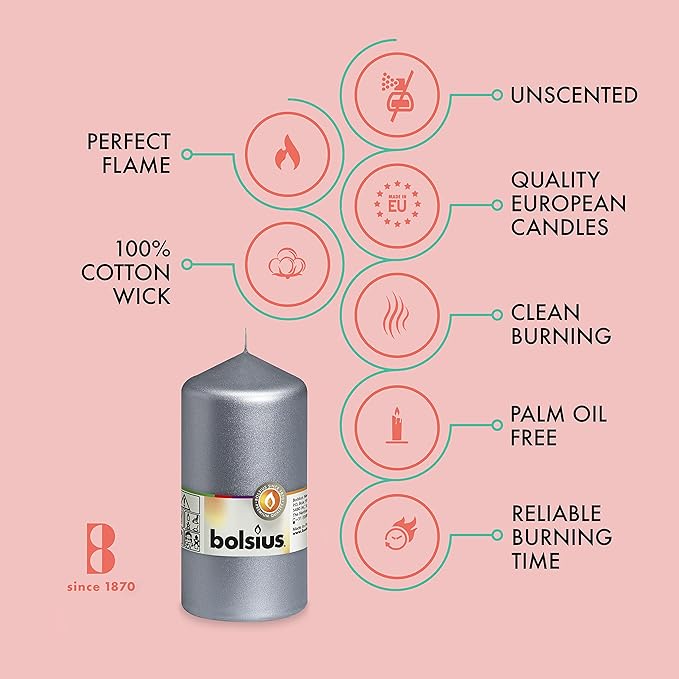 BOLSIUS 8 Silver Pillar Candles Metallic - 2.75 x 5 Inches - Premium European Quality - Individually Wrapped - 43 Hours Burn Time - Dripless & Smokeless - Unscented Dinner, Wedding & Decor Candles
