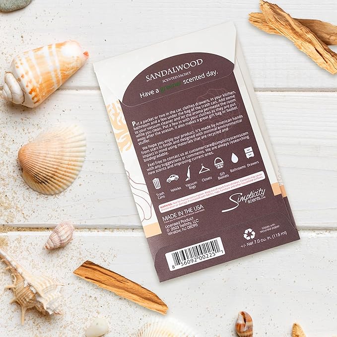 Sandalwood Scented Sachets Pack of 6, Everyday - Long-Lasting Scented Bags, Home Fragrance, Air Freshener & Deodorizer for Closet, Room, Drawer, or Cars, Made in USA