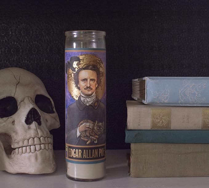 The Unemployed Philosophers Guild Edgar Allan Poe Secular Saint Candle - Unscented 8 Inch Tall Glass Prayer Votive, Made in The USA, Vegetarian Wax