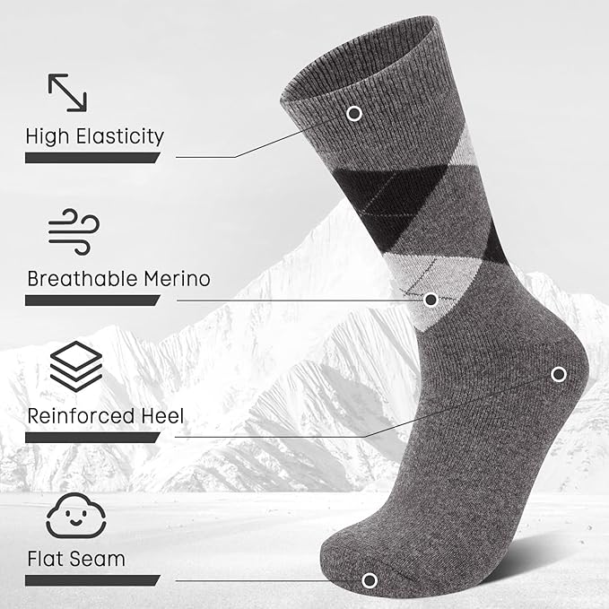 6 Pairs Merino Wool Socks for Men Thick Warm Thermal Winter Striped Dress Hiking Crew Men Socks Size 9-14