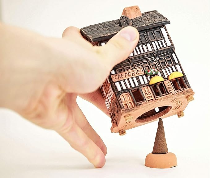 Ceramic Houses Collection - Collectible Handmade Miniature of Creperie in Mont St. Michel, France - Cone Incense Holder R325