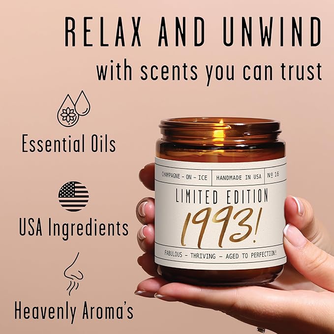 32nd Birthday Gifts for Women - 'Limited Edition 1993' Soy Candle, w/Champagne on Ice I 32 Birthday Gifts for Women I 32th Gift for Her Ideas I 9oz Reusable Jar, 50Hr Burn, Made in USA