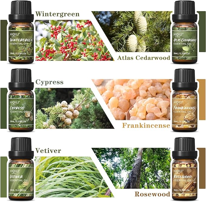 HIQILI Woodsy Fragrance Oil Set for Aromatherapy Diffuser, Ideal for DIY Candles & Perfume Making, Massage Oil - Cedarwood, Wintergreen, Frankincense, Vetiver, Rosewood, Cypress - 6x10ml
