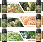 HIQILI Woodsy Fragrance Oil Set for Aromatherapy Diffuser, Ideal for DIY Candles & Perfume Making, Massage Oil - Cedarwood, Wintergreen, Frankincense, Vetiver, Rosewood, Cypress - 6x10ml