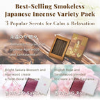Hasegawa Japanese Low Smoke Mini Incense 3-Variety Pack (Total 140g) | Tranquil Essence with Siamese Agarwood & Sandalwood, Floral Rose, and Sakura | Refined Japanese Blends
