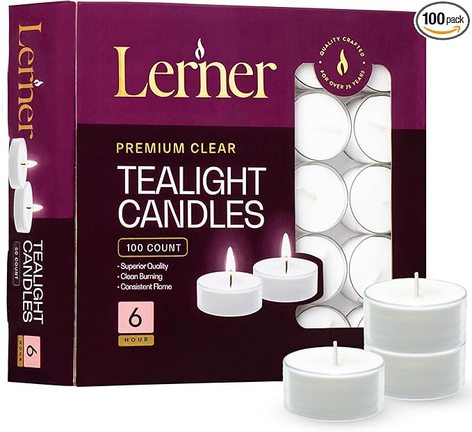 Lerner Tealight Candles in Clear Cups, 100 Count| 6 Hours Long-Burning White Tea Light Candles| Non-Toxic, Smokeless & Soot-Free Tea Light Warmer Candles | Unscented Party, Décor, Shabbat Tea Candles