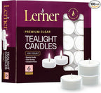 Lerner Tealight Candles in Clear Cups, 100 Count| 6 Hours Long-Burning White Tea Light Candles| Non-Toxic, Smokeless & Soot-Free Tea Light Warmer Candles | Unscented Party, Décor, Shabbat Tea Candles