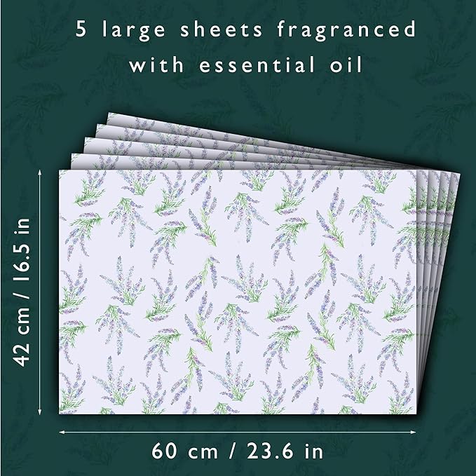Fragrant Lavender Scented Drawer Liners in a Floral Design with Lavender Essential Oils (Folded) | Pack of 5 Sheets | Contains Essential Oils | Made in The UK