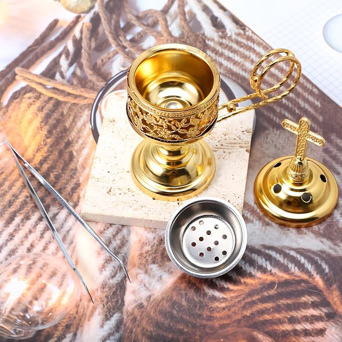 Yawlsow Incense Burner, Frankincense Charcoal Incense Stand, Bakhoor Incense Burner Holder, Ideal for Aromatherapy, Yoga and Spa, Home and Christian Church Censer, (Gold)