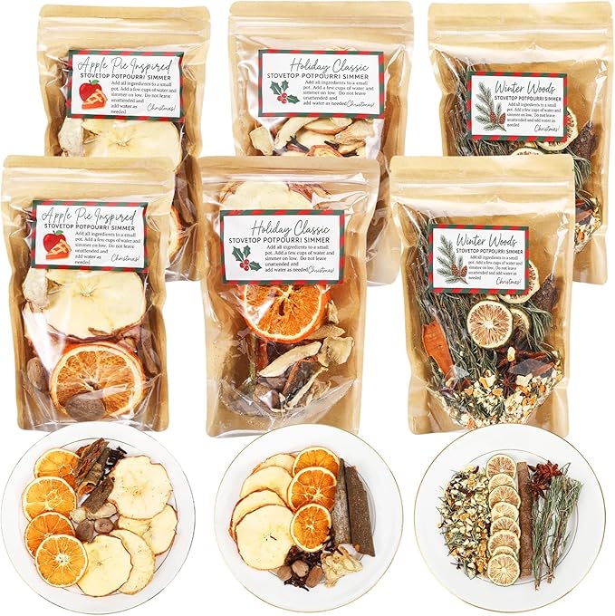 6 Pack Potpourri Simmer Kit 480g Christmas Stovetop Potpourri with Stickers 3 Combinations Winter Holiday Natural Non Toxic Home Fragrance for Xmas Scent Stocking Stuffer Gifts