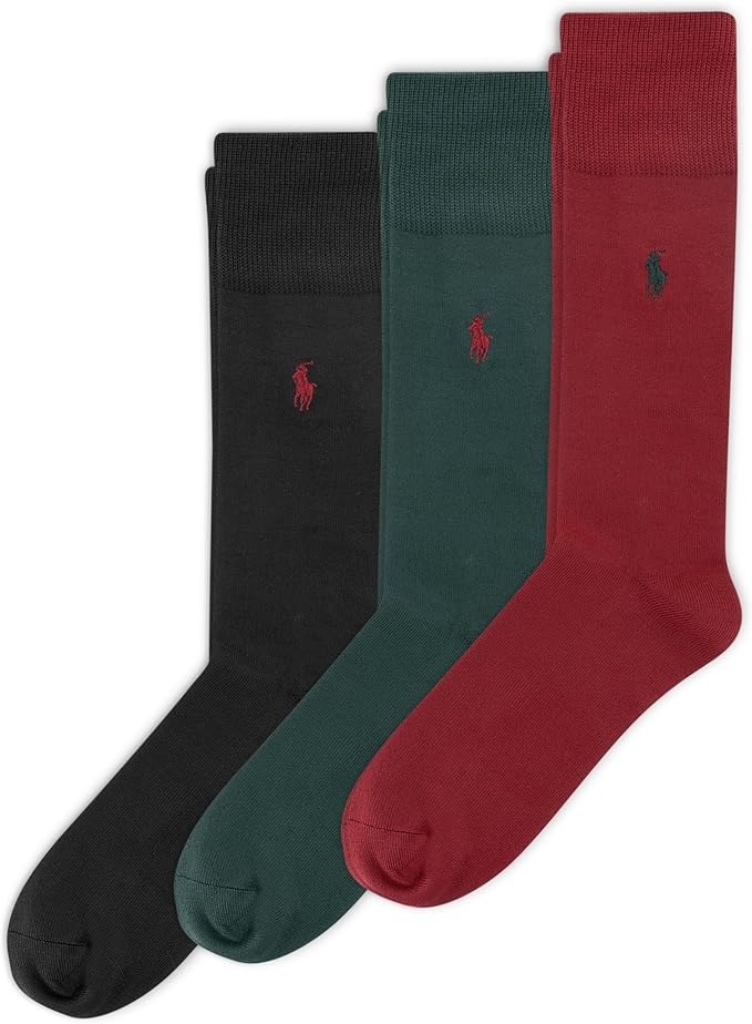 POLO RALPH LAUREN men Super Soft Flat Dress Crew Socks - 3 Pair Pack - Heel-toe Reinforcement