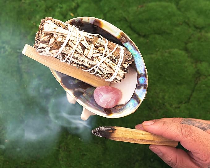 Spiritual Items - Yerba Santa Smudge Stick ~ Abalone Shell for Smudging ~ Palo Santo Sticks ~ 2 inchTripod Stand ~ 8 inch Feather and White Sand